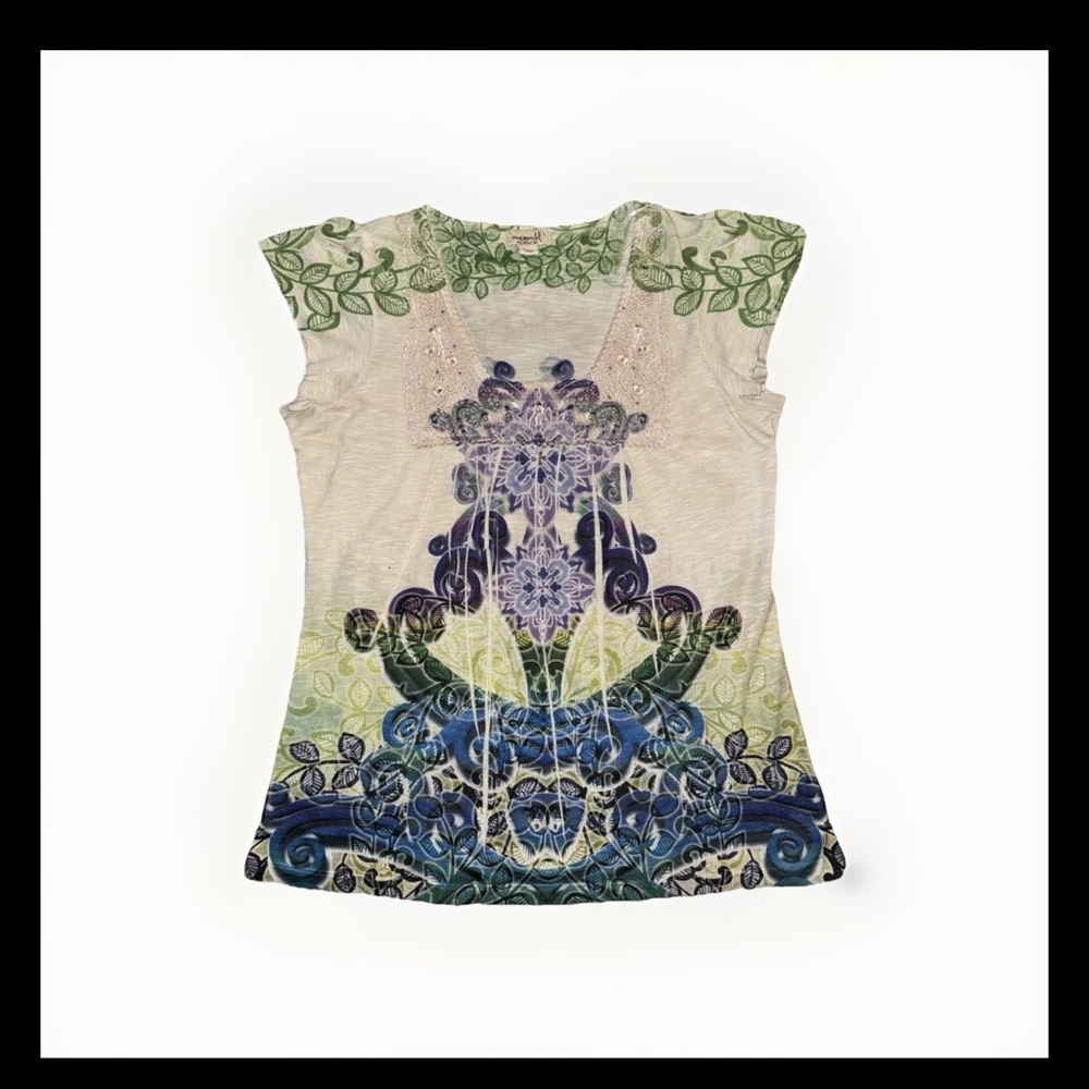 ONE WORLD Purple and Green Graphic Fitted Blouse 058